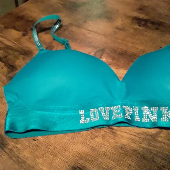 Pink VICTORIA'S SECRET teal W/ Pink Bling 38B Padded underwire Gorgeous Push Up - Picture 3 of 13